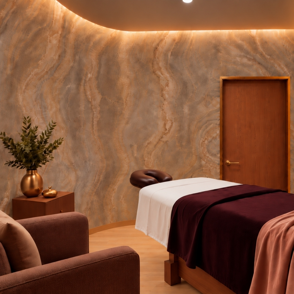 Viva Day Spa + Med Spa spa treatment room in Atlanta, Georgia lit with warm lighting, massage table with brown velvet blanket, and a plush chair